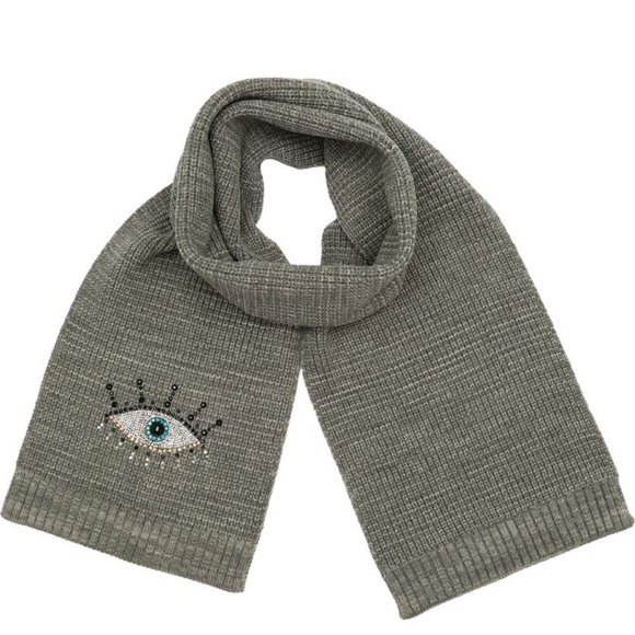 Kurt Geiger NWT Gray Knit Evil Eye Rhineston Scarf STUNNING - Picture 1 of 5